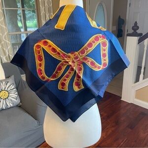 Glentex Made in Italy silky scarf, bow and jewel design, red, gold & blue